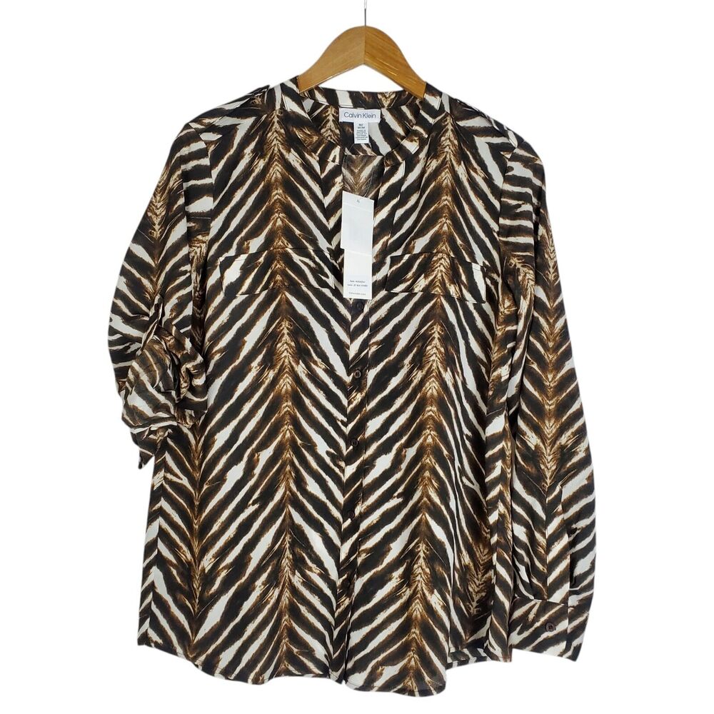 NEW Calvin Klein Split Neck Long Roll Tab Sleeve Button Up Blouse Sz M Blk Brown